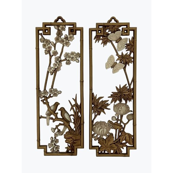 VINTAGE PAIR 1975 HOMCO WALL PLAQUES #7365 GOLD WHITE BIRDS BUTTERFLIES FLOWERS - Picture 2 of 7